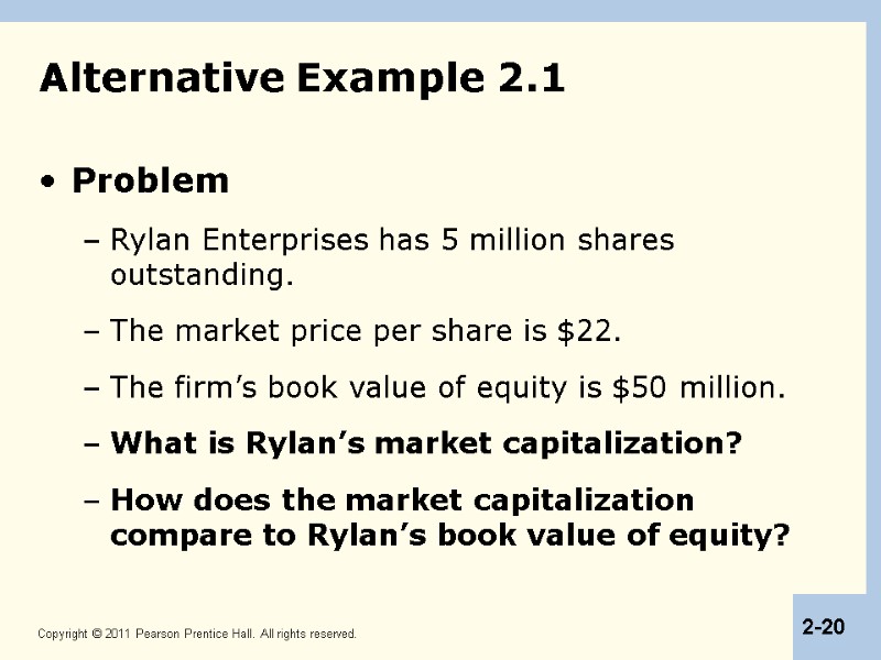 Alternative Example 2.1 Problem Rylan Enterprises has 5 million shares outstanding. The market price
